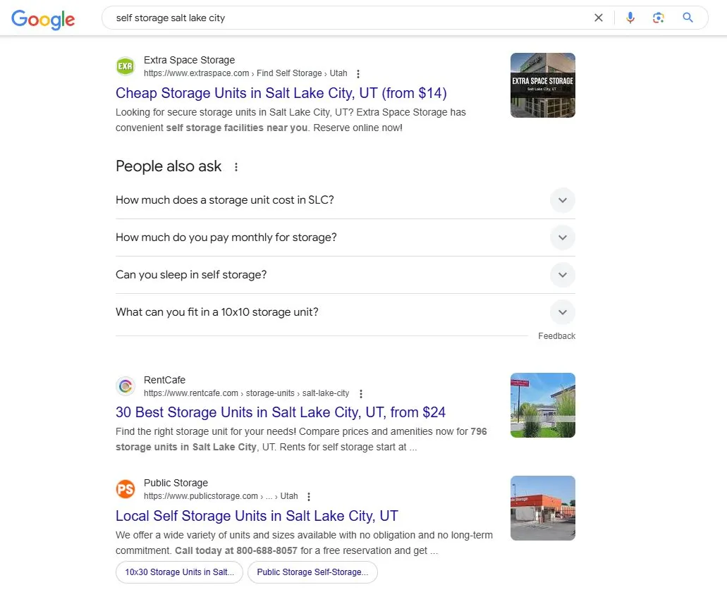 Google search results for self storage in a US city, showing paid and organic listings
