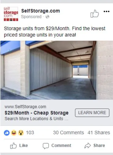 A Facebook advertisement promoting storage units from twenty nine dollars a month