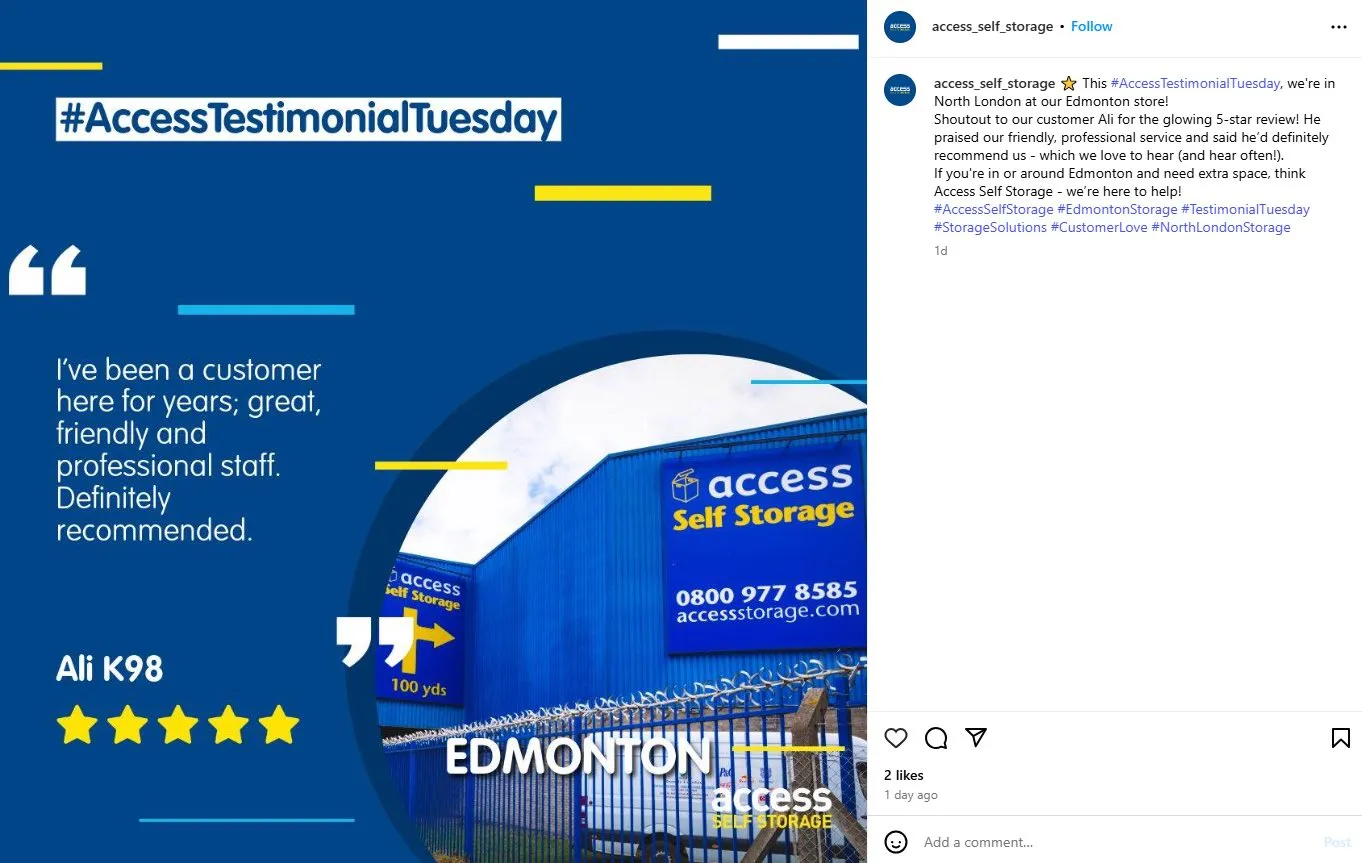 An Instagram post from a self storage brand sharing a five-star customer testimonial